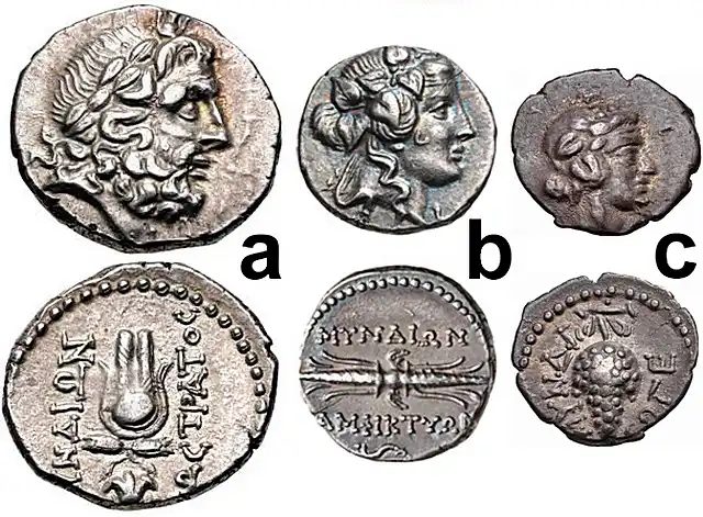 Figure 9: Myndos, Caria: a) Mid-second century BCE, AR Drachm, 17mm, 4.15 g., Sostratos, magistrate, Head of Sarapis right / Headdress of Isis set on two grain ears; b) Circa 150–100 BCE, AR Hemidrachm, 14mm, 2.21 g., Amphyktion, magistrate, Head of Dionysos right / Thunderbolt; c) Mid-second century BCE, AR Trihemiobol, 11mm, 0.91 g., Wreathed head of Dionysos right / Grape bunch.