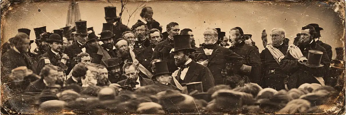 One of only two confirmed photos of Abraham Lincoln at Gettysburg (seated in center facing camera), taken about noon on November 19, 1863; some three hours later, Lincoln delivered the famed address. To Lincoln's right is Ward Hill Lamon, Lincoln's bodyguard.