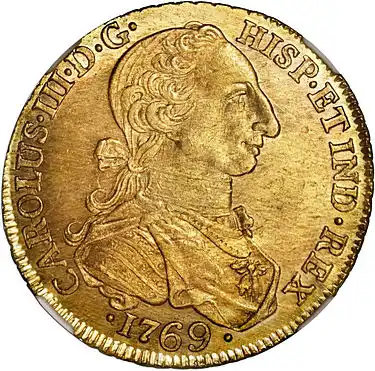 COLOMBIA, Bogotá, gold bust 8 escudos, Charles III ("rat nose" bust), 1769 JV