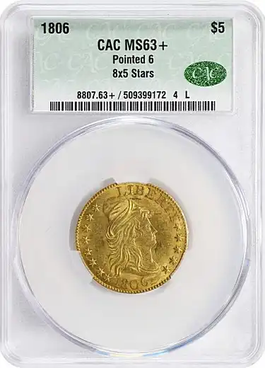 806 Capped Bust Right Half Eagle. BD-1. Rarity-4. Pointed-Top 6, Stars 8x5. MS-63+ (CACG).