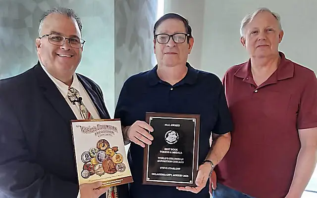 Pictured above - Jerry Jordan, director of the Numismatic Literary Guild, Steve Starlust, WayneHomren, Editor E-Sylum