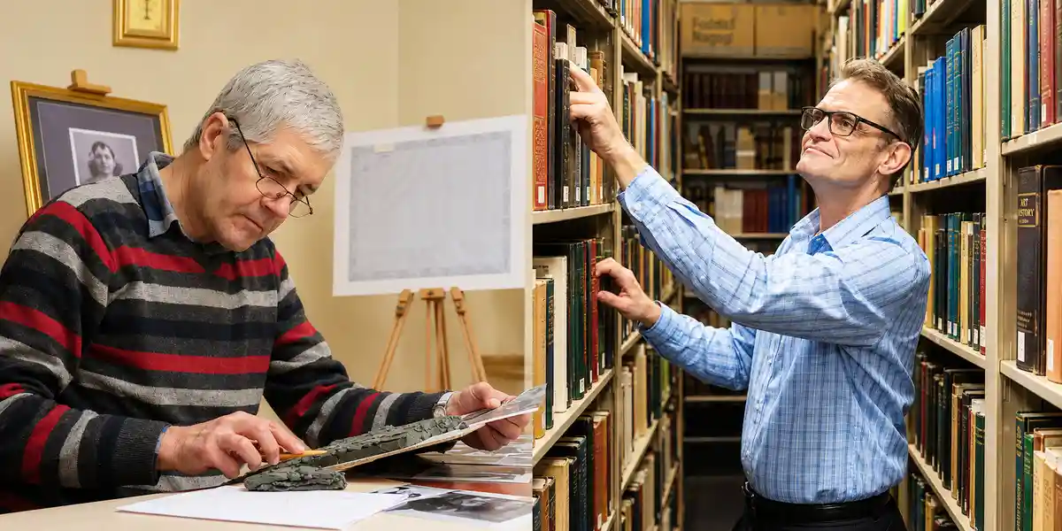Latvian sculptor Jānis Strupulis [left - Wikipedia] and David Hill the ANS Librarian [Right - NBS]