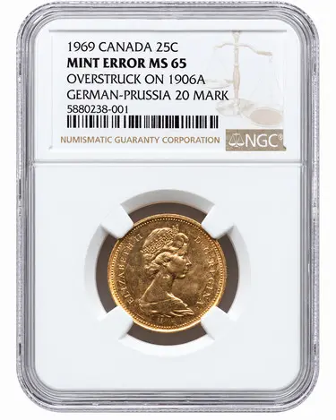 EXAMPLE 3: Canada: Elizabeth II Mint Error - Overstruck gold 25 Cents Over a 1906 German 30 Mark- 1969 MS65 NGC