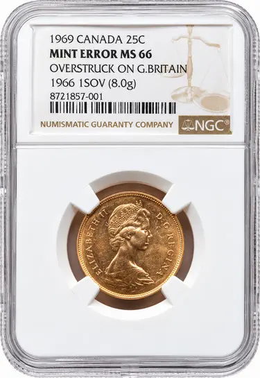Canada Mint Error 1969 25 Cents Overstruck on 1966 Great Britain Gold Sovereign KM-62b/908 NGC MS-66