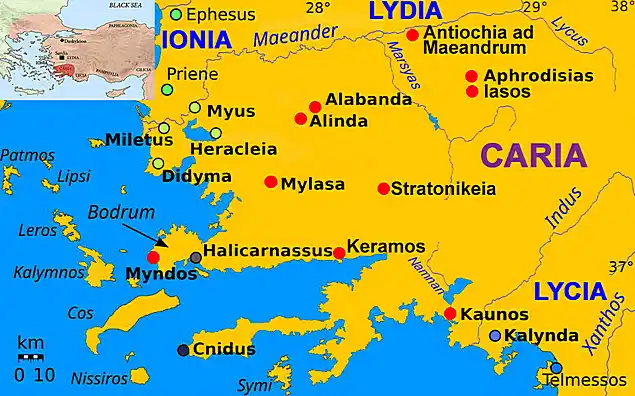 Map of ancient Caria showing the mainland cities discussed in this article (red dots), neighboring Ionian cities (green dots), and Lycian cities (blue dots). Halicarnassus and Cnidus (black dots) appeared in the author's earlier article on Doris. The inset identifies Caria's location in southwestern Asia Minor.