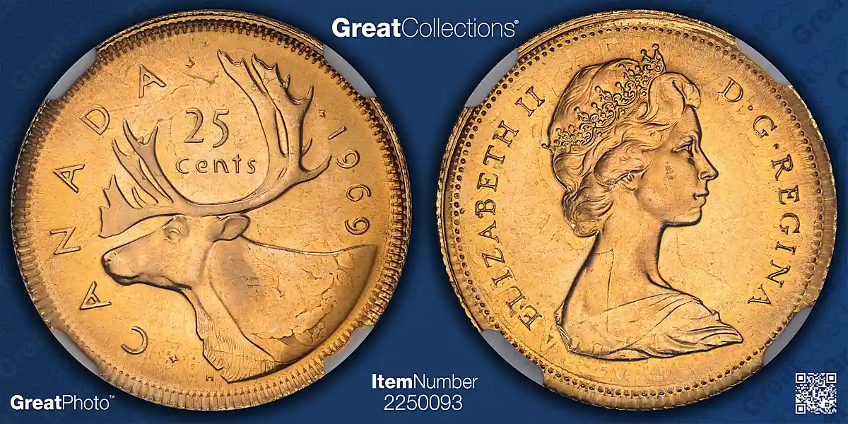 Canada Mint Error 1969 25 Cents Overstruck on 1966 Great Britain Gold Sovereign KM-62b/908 NGC MS-66