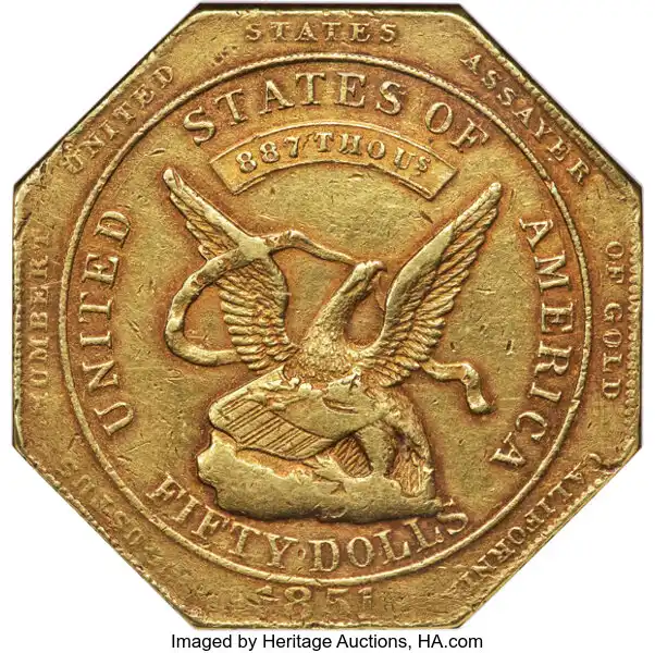 851 $50 RE Humbert Fifty Dollar, Reeded Edge, 887 Thous., No "50", AU58 NGC.