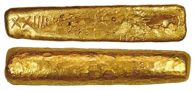 Gold "finger" bar 13, 22 oz troy (684 grams), marked with fineness XXIII: (23.5K)