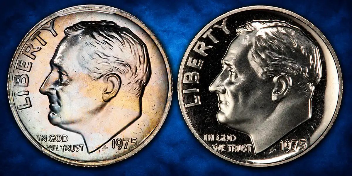 The only Known examples of the 1975 No S Proof Roosevelt Dimes.{left} is the PR-67 "Ohio Specimen" labeled by Greatcollections as the Discovery Coin, and on the [right] is the second No-S 1975 dime,  certified by PCGS as Proof-68