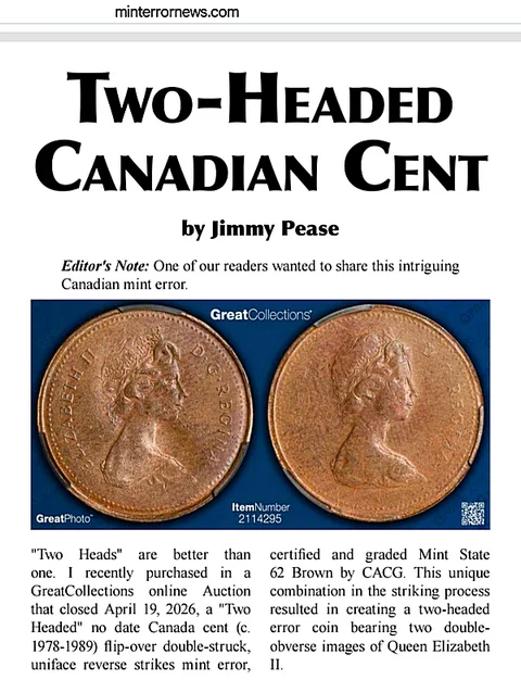エリザベスエラー Two-Headed Canada Cent Error Shows Queen Elizabeth II Twice